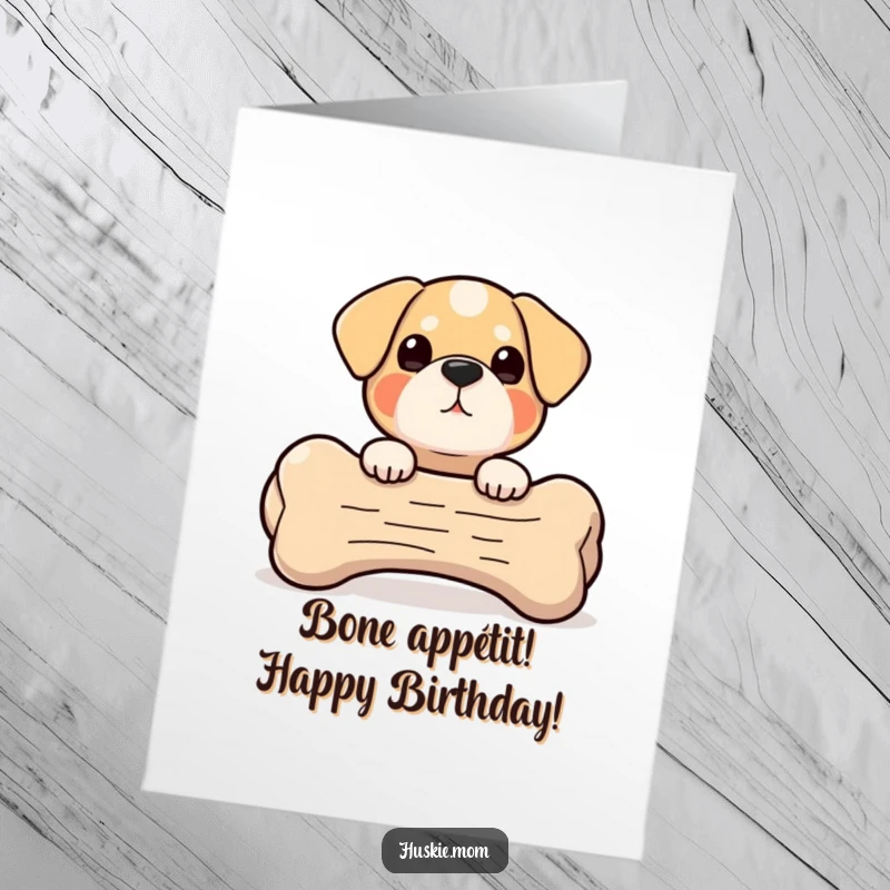 Funny Free Printable Birthday Card: A small, round dog curiously peeks out from behind an comically oversized dog bone.