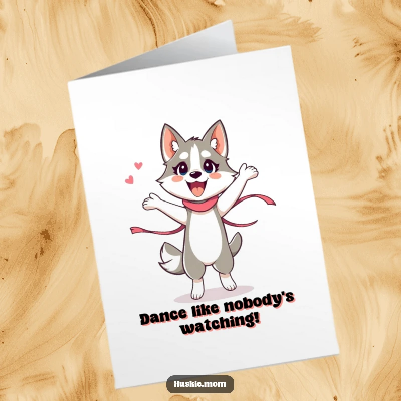 Funny free printable birthday card: an energetic husky lady joyfully performing a silly dance with colorful ribbons.