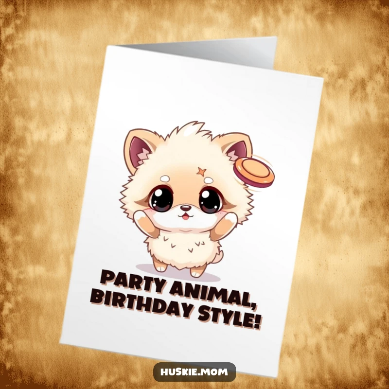 Funny Free Printable Birthday Card: A fluffy animal with large, twinkling eyes joyfully tosses a frisbee, celebrating with glee.