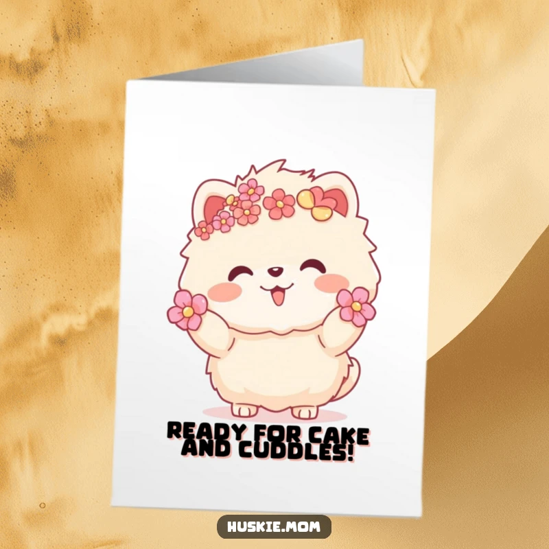 Funny Free Printable Birthday Card featuring a fluffy animal with flowers invitingly gesturing, perfect for cheerful greetings.