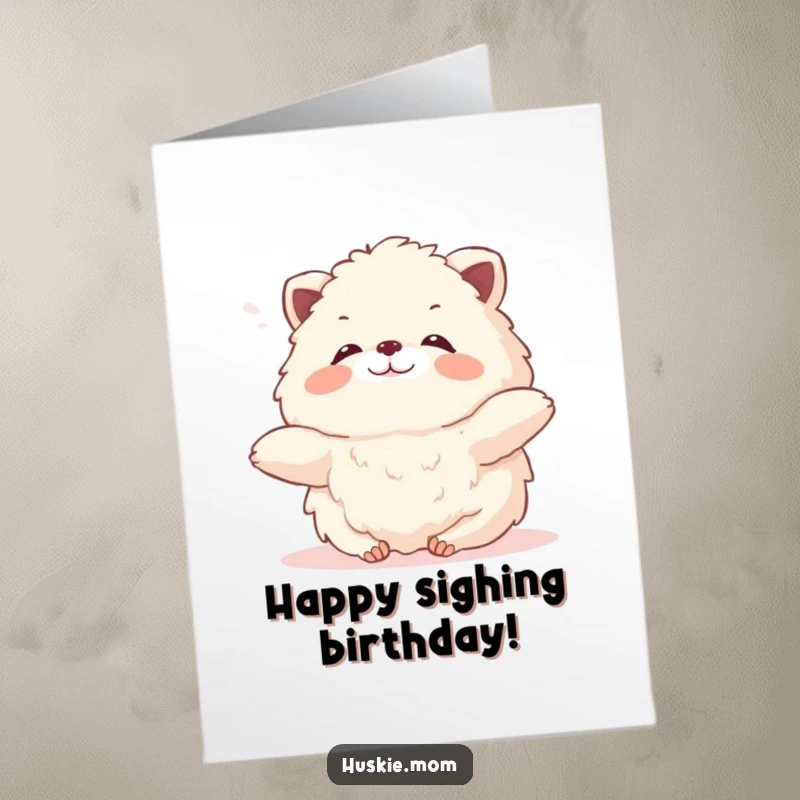 Funny Free Printable Birthday Card: A cute, fluffy animal lets out a contented sigh while stretching languidly in a gentle breeze.