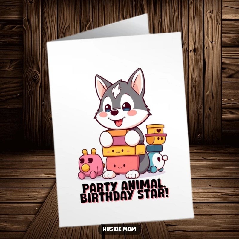 Funny Free Printable birthday card of a kawaii husky proudly balancing a huge stack of colorful toys, ready for a playful celebration.
