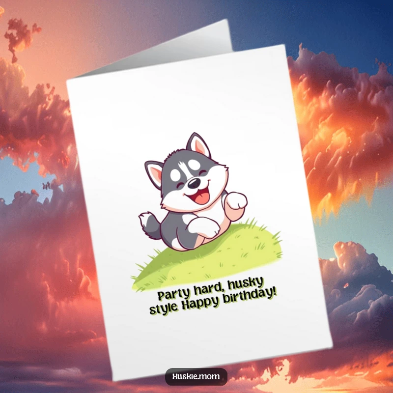 Funny Free Printable Birthday Card: A husky puppy tumbles gleefully down a hill, paws flailing, capturing pure, unadulterated birthday excitement.