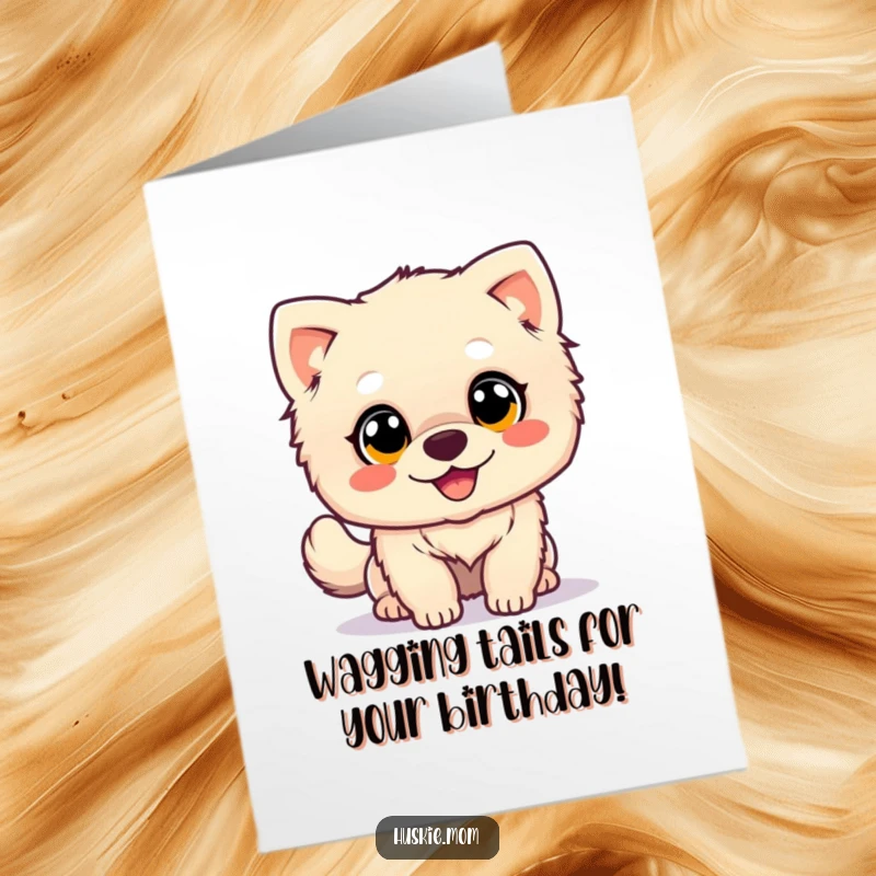 Funny Free Printable Birthday Card: A fluffy dog with huge, innocent eyes wags its tail with unrestrained happiness.