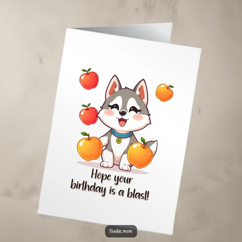Funny Free Printable Birthday Card: A determined husky lady animal hilariously attempts to juggle three shiny apples