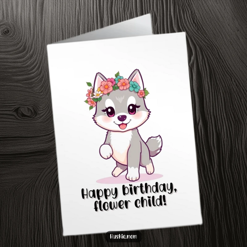 Cute Free Printable Birthday Card: A kawaii husky puppy wearing a flower crown, prancing joyfully.