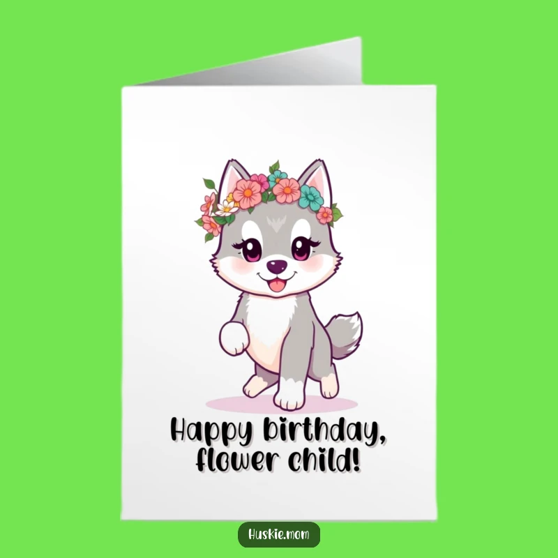 Free Printable Birthday Card: Kawaii Husky Flower Crown, Cute Downloadable Gift