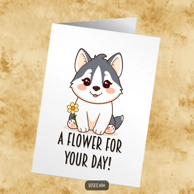 Funny Free Printable Birthday Card: Adorable kawaii husky offers a small flower with a gentle, happy smile.