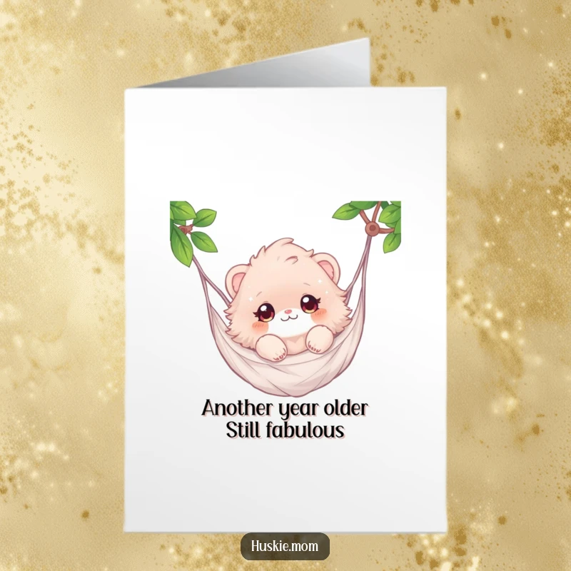 Funny Free Printable Birthday Card shows a fluffy animal blissfully floating in a hammock with eyes sparkling, radiating relaxation.
