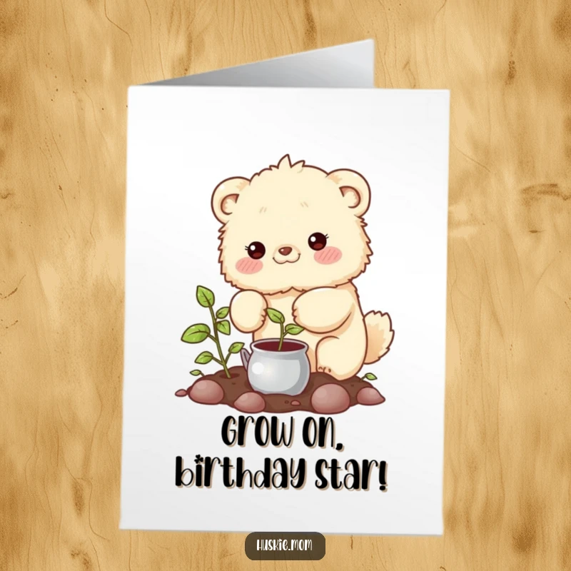 Funny Free Printable Birthday Card: A fluffy animal tenderly watering a small plant, symbolizing growth, downloadable.