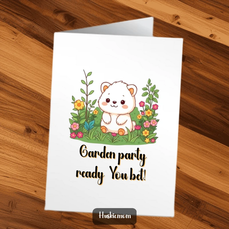 Funny Free Printable Birthday Card featuring a fluffy animal joyfully observing a vibrant, detailed garden, perfect for a laugh.