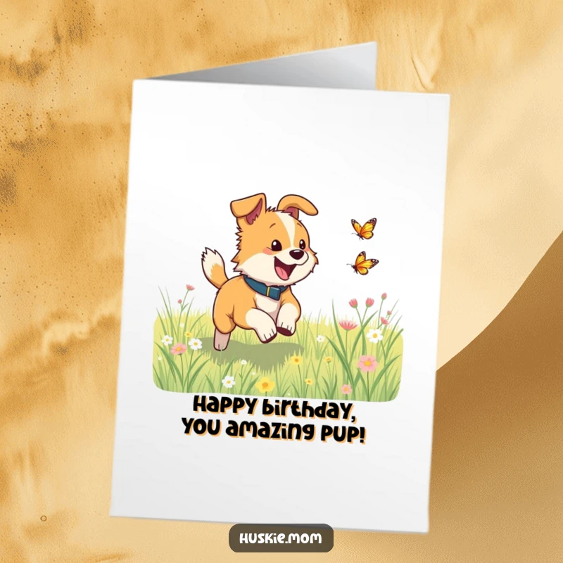 Fun Free Printable Birthday Card: Energetic dog joyfully chasing a fluttering butterfly through a sunny meadow.