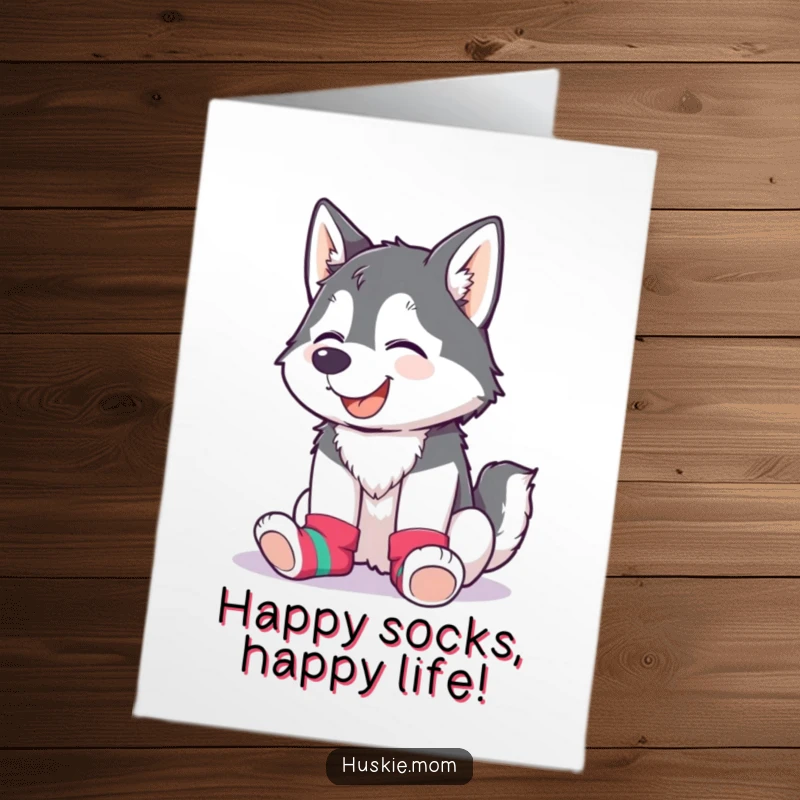 Funny Free Printable birthday card with a giggling husky lady proudly showcasing her fun, mismatched colorful socks.