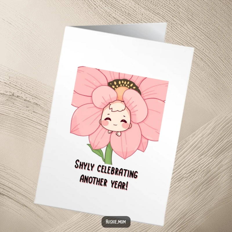 Funny Free Printable Birthday Card: Shy character peeking from behind a giant flower, grinning bashfully, perfect for a Downloadable Gift.