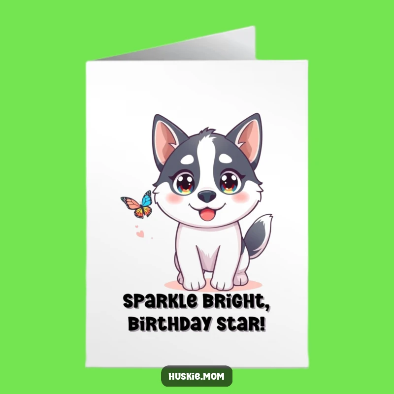 Free Printable Birthday Card: Kawaii Husky Butterfly Chase Funny Downloadable Gift