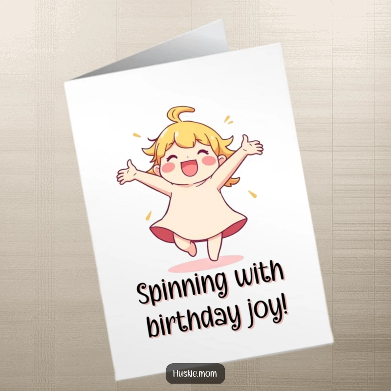 Funny Free Printable Birthday Card: A character spinning around with pure joy, arms dramatically thrown wide open.
