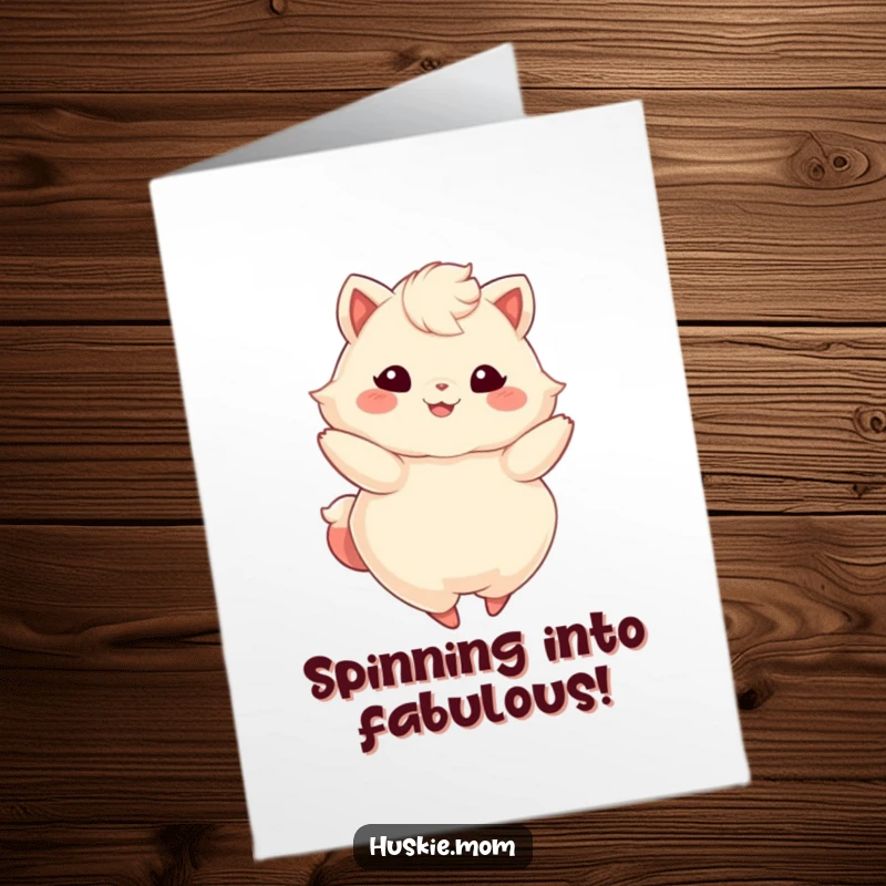 Funny Free Printable Birthday Card: Fluffy animal twirls gracefully, bright smile beaming with birthday excitement.