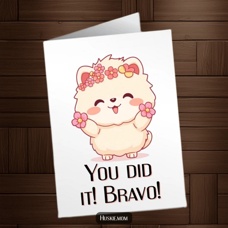 Funny Free Printable Congrats Card: Fluffy animal adorned with flowers, warmly gesturing a celebratory welcome.