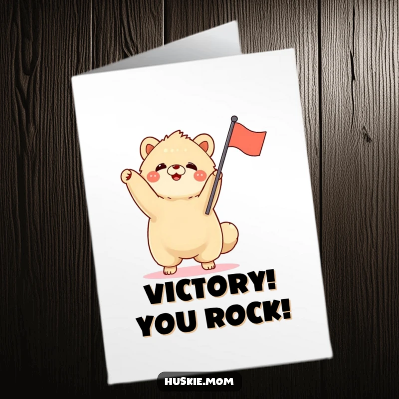 Funny Free Printable Congrats Card: Fluffy animal standing tall, enthusiastically waving a small flag in victory.