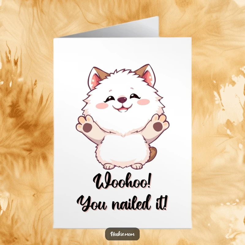 Funny Free Printable Congratulations Card: Fluffy animal grinning goofily while throwing its paws up in ecstatic celebration