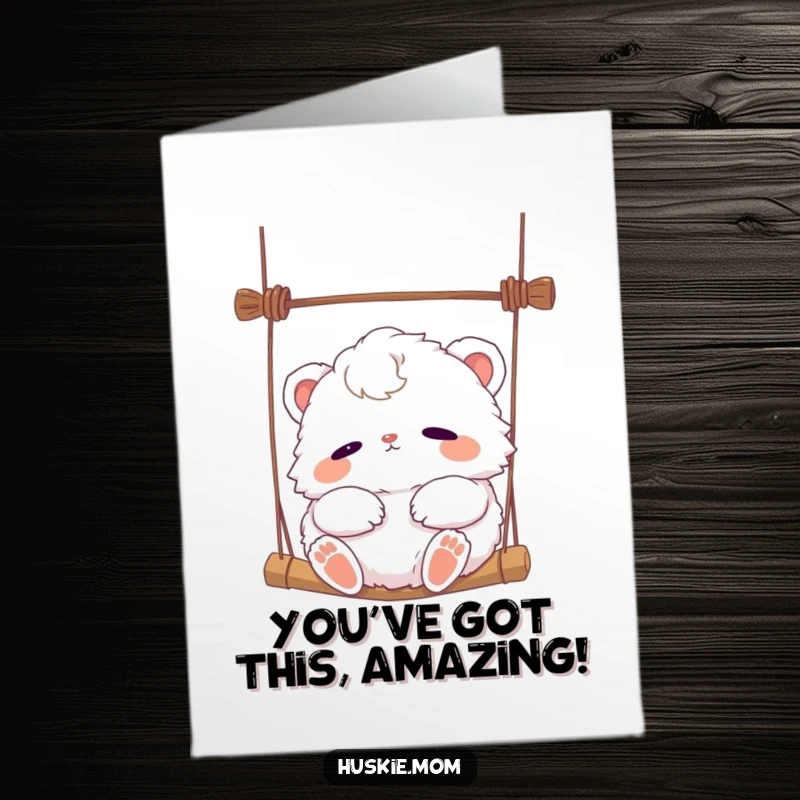 Free Printable Congratulations Card: A fluffy animal relaxes contentedly in a gentle breeze while swinging, celebrating calmly.