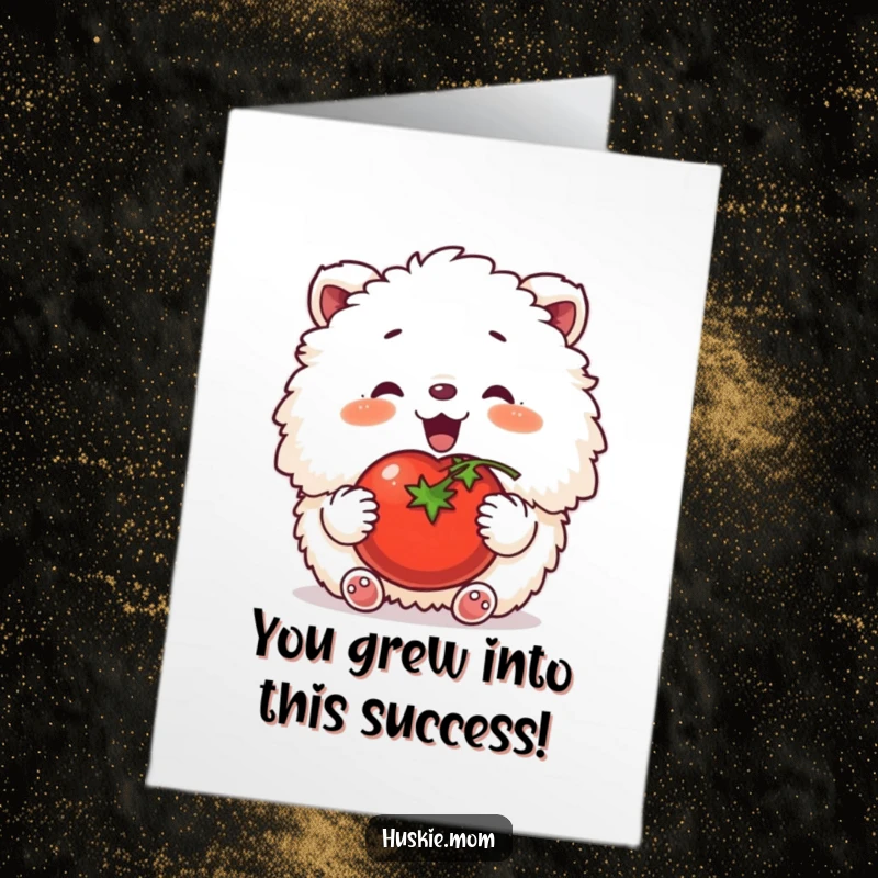 Funny Free Printable Congratulations Card: Fluffy animal happily sighing while tenderly patting a perfect ripe tomato.