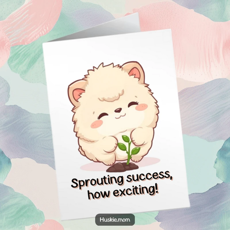 Funny Free Printable Congratulations Card showing a fluffy animal curiously nudging a tiny sprout, symbolizing new growth.