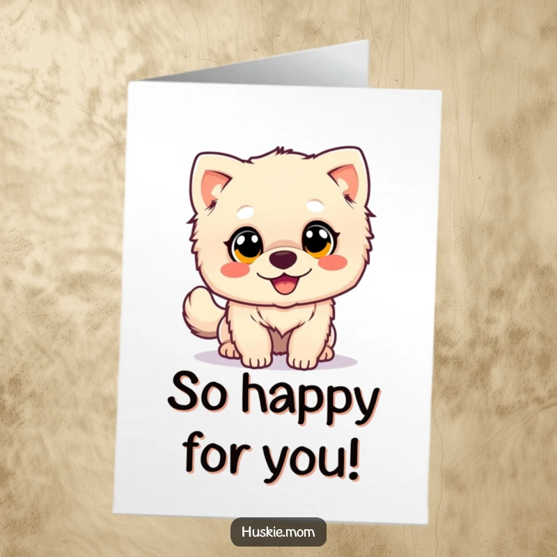 Funny Free Printable Congratulations Card: A fluffy dog with big, bright eyes expresses pure excitement by wagging its tail furiously.