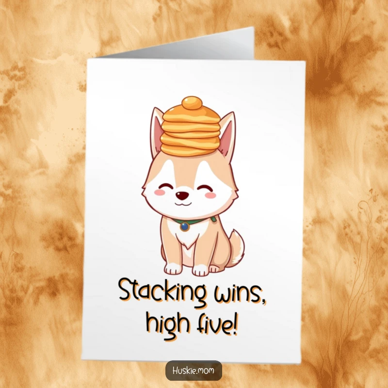 Funny Free Printable Congratulations Card: Fluffy Husky lady balancing pancakes on head, a humorous and celebratory image.