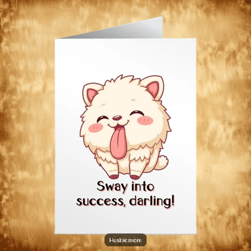 Funny Free Printable Congratulations Card showing a happy fluffy animal swaying with its tongue out, radiating joy.