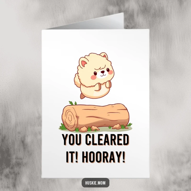 Funny Free Printable Congratulations Card: A fluffy animal leaping over a log, symbolizing overcoming obstacles, downloadable.