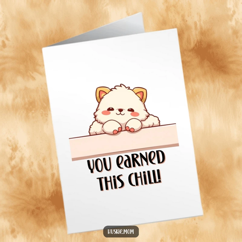 Funny Free Printable Greeting Card: Fluffy animal lounges casually, paws dangling, radiating a cool, calm congratulations.