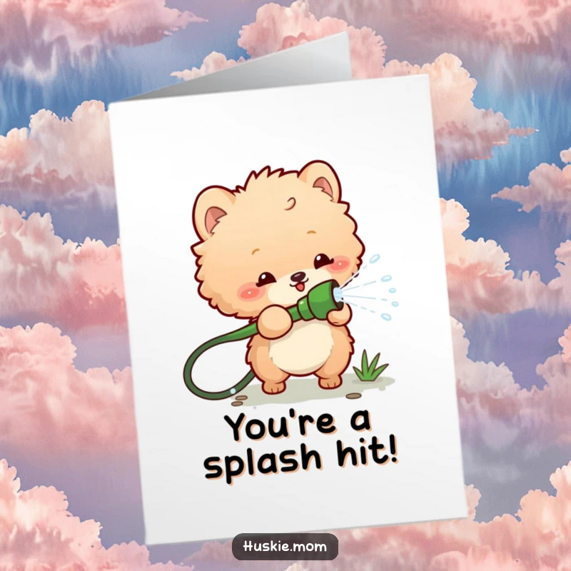 Funny Free Printable Congrats Card: A fluffy animal playfully sprays water from a hose, celebrating achievements with a splash.