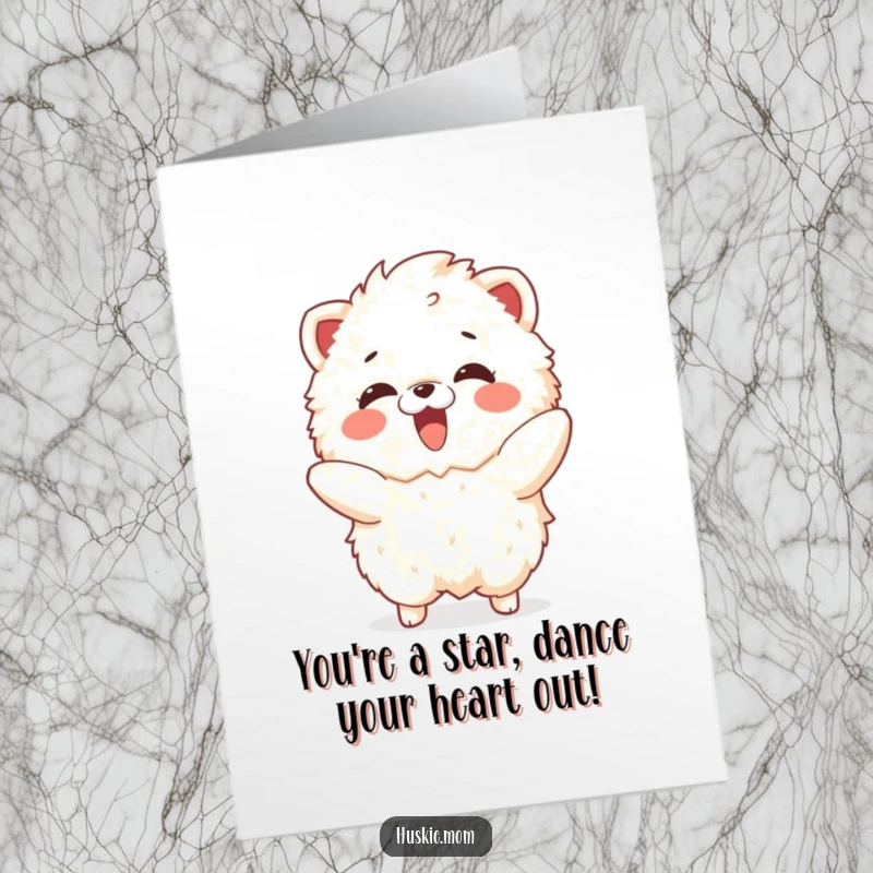 Funny Free Printable Congratulations Card: A fluffy animal with a surprised gasp joyfully mimics a playful, celebratory dance.