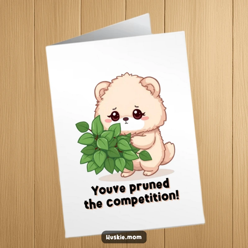 Funny Free Printable Congratulations Card with a fluffy animal meticulously pruning a bush, symbolizing achievement.