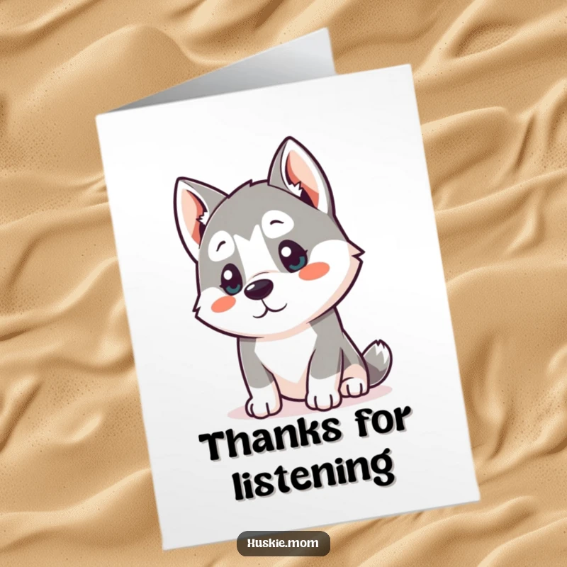 Funny Free Printable Thank You Card: A kawaii husky tilts its head with curiosity, listening intently.