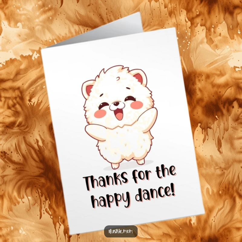 Funny Free Printable Thank You Card: A fluffy animal doing a happy, playful dance with a surprised, delighted expression.