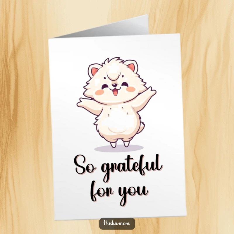 Funny Free Printable Thank You Card: A fluffy animal spins with delight, arms outstretched like a dancer, expressing thanks joyfully.