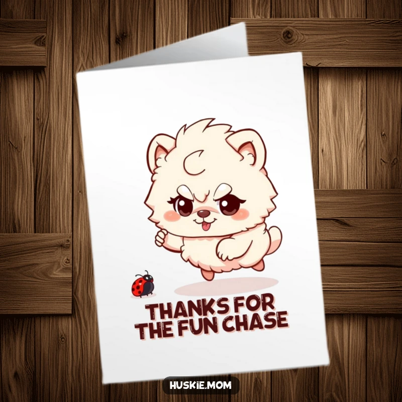 Funny Free Printable Thank You Card: A fluffy animal with a playful, mischievous expression playfully pursues a ladybug through green blades of grass.