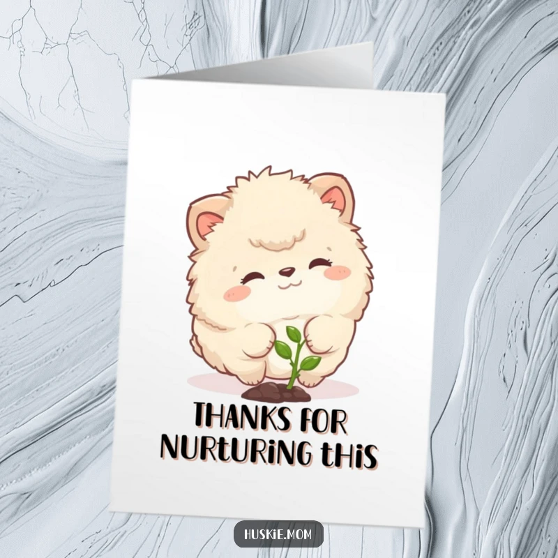 Funny Free Printable Thank You Card of a fluffy animal curiously nudging a tiny sprout, representing growing thanks.
