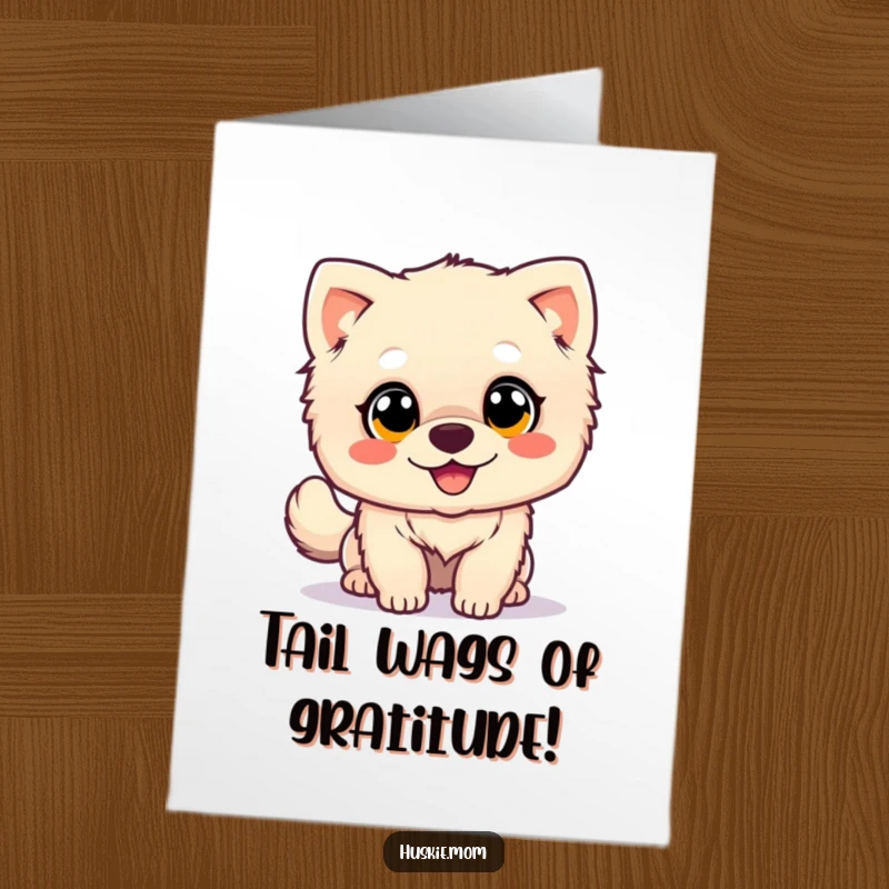 Funny Free Printable Thank You Card: A fluffy dog with endearing big eyes joyfully wags its tail to show thanks.