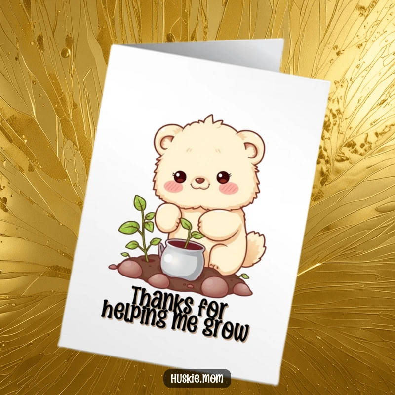 Funny Free Printable Thank You Card: A fluffy animal watering a plant with rosy cheeks, showing tender care, downloadable.