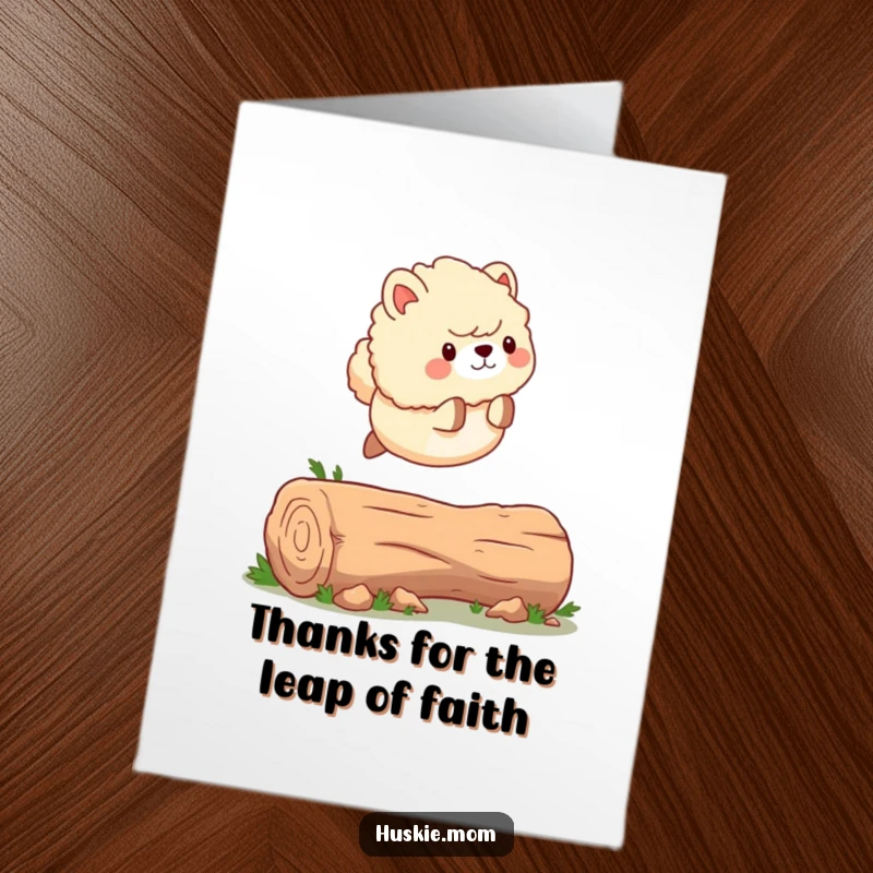 Funny Free Printable Thank You Card: A fluffy animal leaping with a wagging tail, conveying energetic thanks, downloadable.