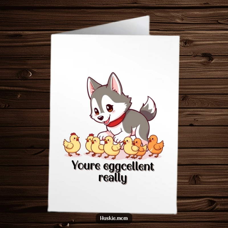 Funny Free Printable thank you card where a husky lady is playfully trying to manage a chaotic flock of tiny chickens.