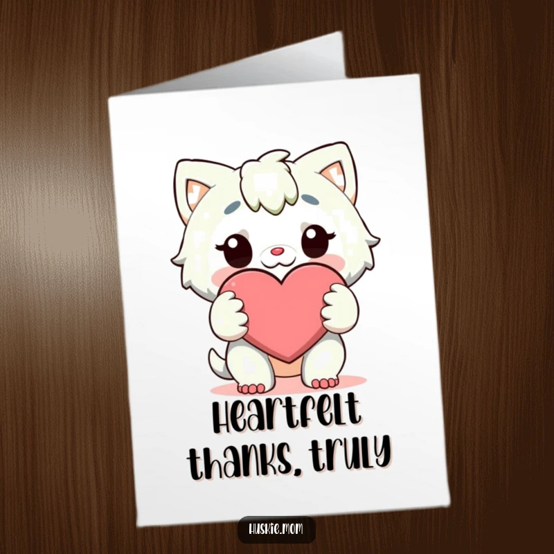 Funny Free Printable Thank You Card: A character holding a large, cheerful heart with both paws, conveying sincere thanks.