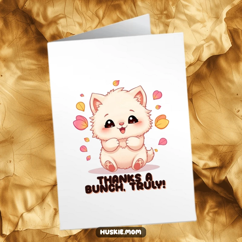 Funny Free Printable Card: Fluffy animal juggling petals with joyful eyes, a unique way to say thank you.