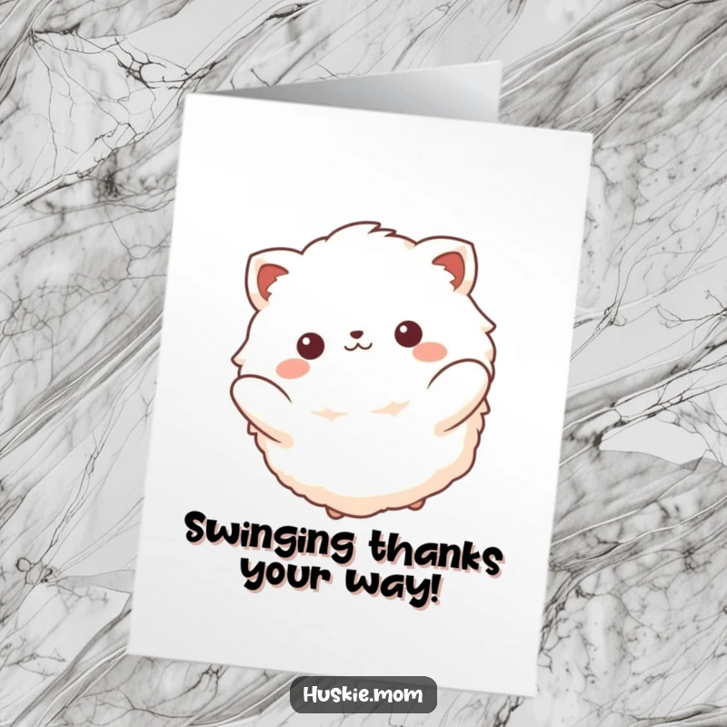 Funny Free Printable Card: Fluffy animal with a beatific smile swings gently, conveying peaceful thanks.