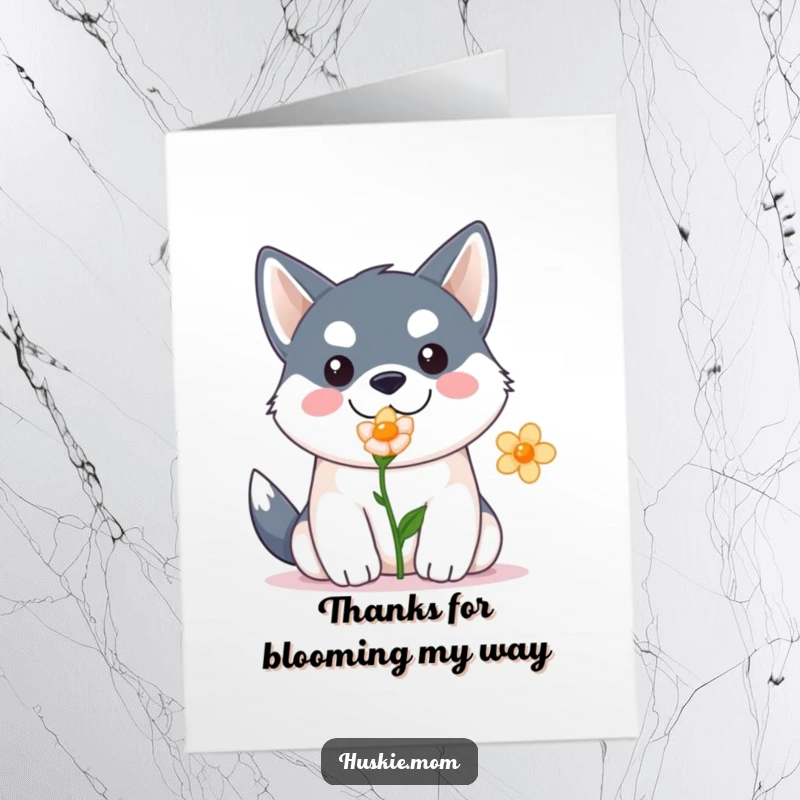 Funny Free Printable Thank You Card: A sweet husky offers a flower, expressing heartfelt gratitude with a charming gesture.