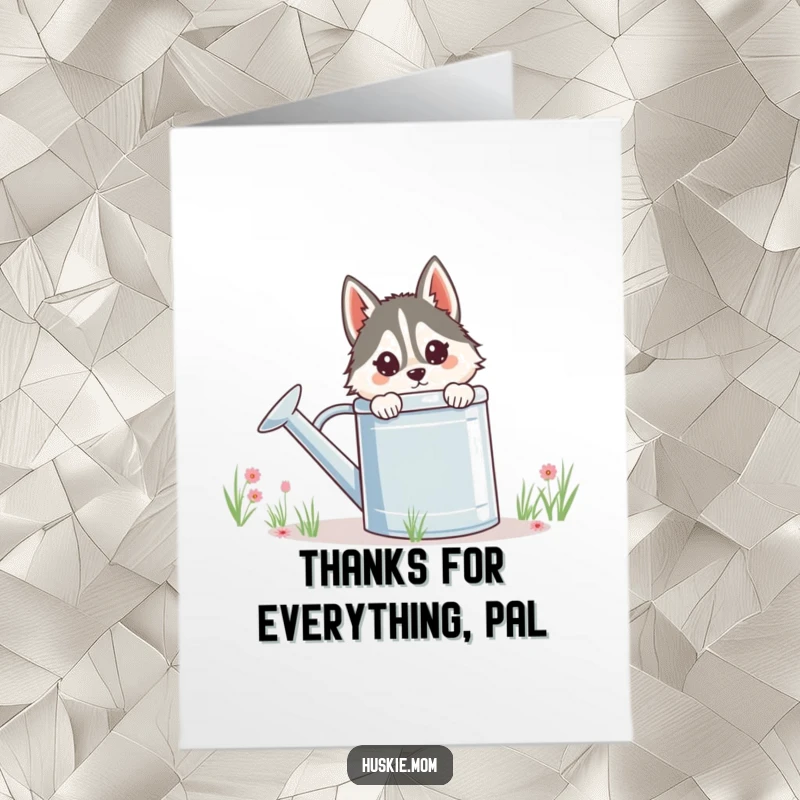 Funny free printable thank you card: a sweet husky lady peeking from behind a watering can, expressing thanks.