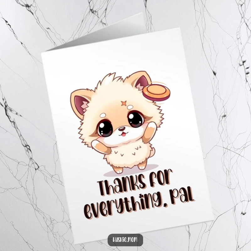 Funny Free Printable Thank You Card: A fluffy animal with twinkling eyes joyfully tosses a frisbee, sending thanks with energy.